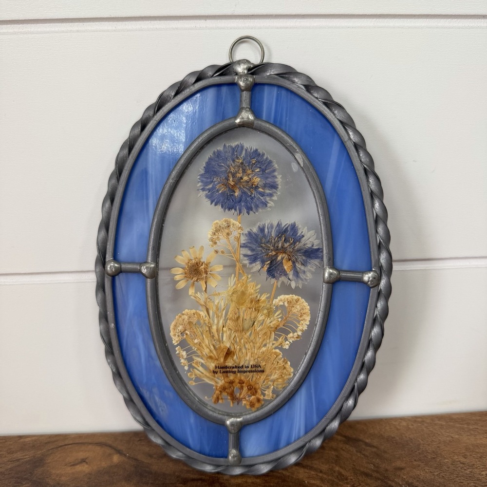 Vintage Stained Glass Pressed Flowers in Glass Leaded Pane Blue Boho Cottagecore